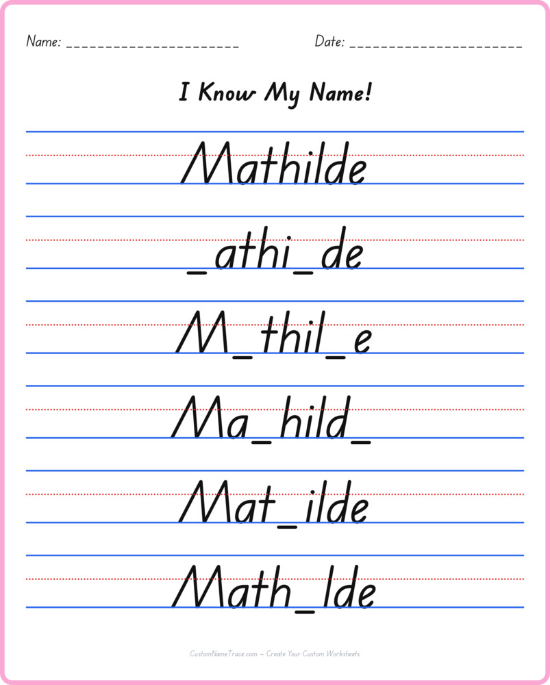 Free Mathilde custom name tracing - fill-in-the-blank free worksheet