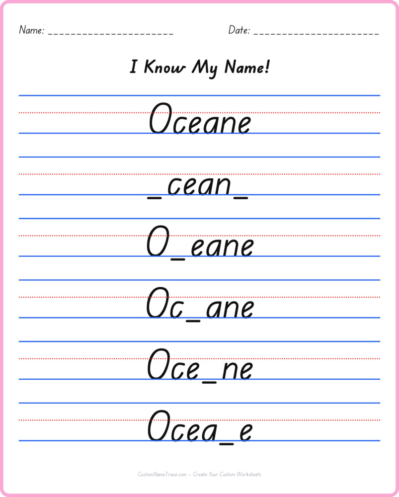 Free Oceane custom name tracing - fill-in-the-blank free worksheet