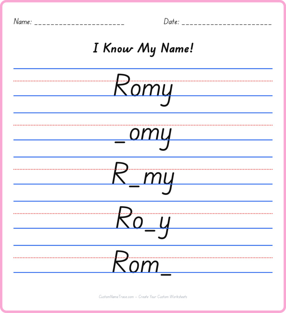 Free Romy custom name tracing - fill-in-the-blank free worksheet
