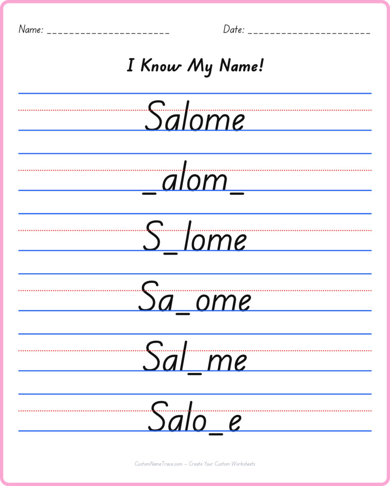 Free Salome custom name tracing - fill-in-the-blank free worksheet