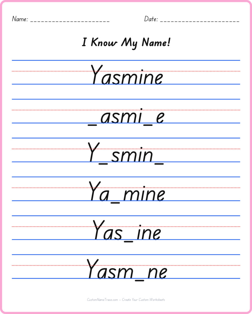 Free Yasmine custom name tracing - fill-in-the-blank free worksheet