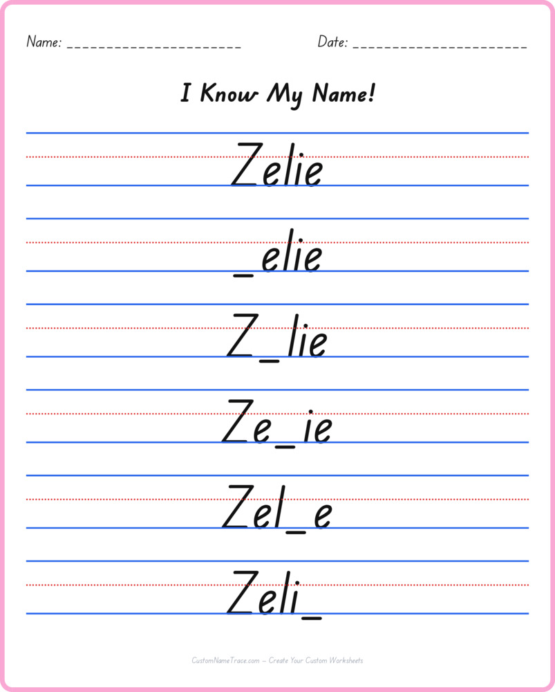 Free Zelie custom name tracing - fill-in-the-blank free worksheet