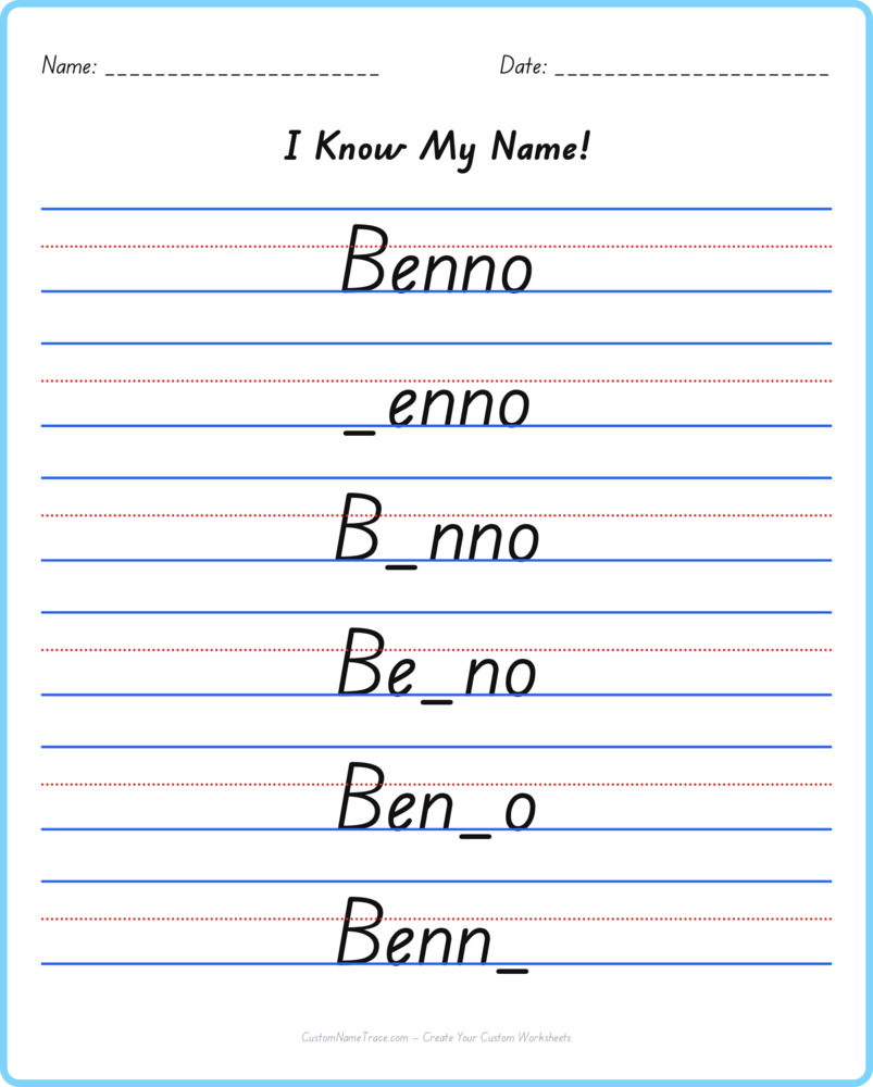Free Benno custom name tracing - fill-in-the-blank free worksheet