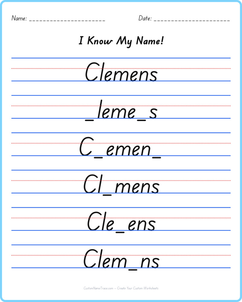 Free Clemens custom name tracing - fill-in-the-blank free worksheet