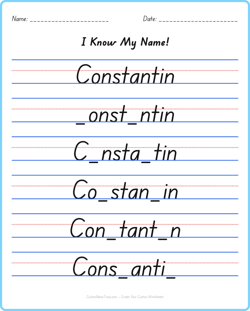 Free Constantin custom name tracing - fill-in-the-blank free worksheet