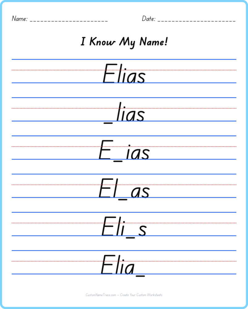 Free Elias custom name tracing - fill-in-the-blank free worksheet