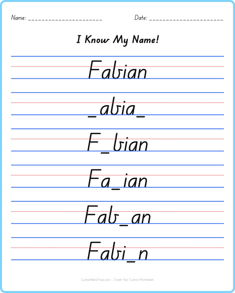 Free Fabian custom name tracing - fill-in-the-blank free worksheet