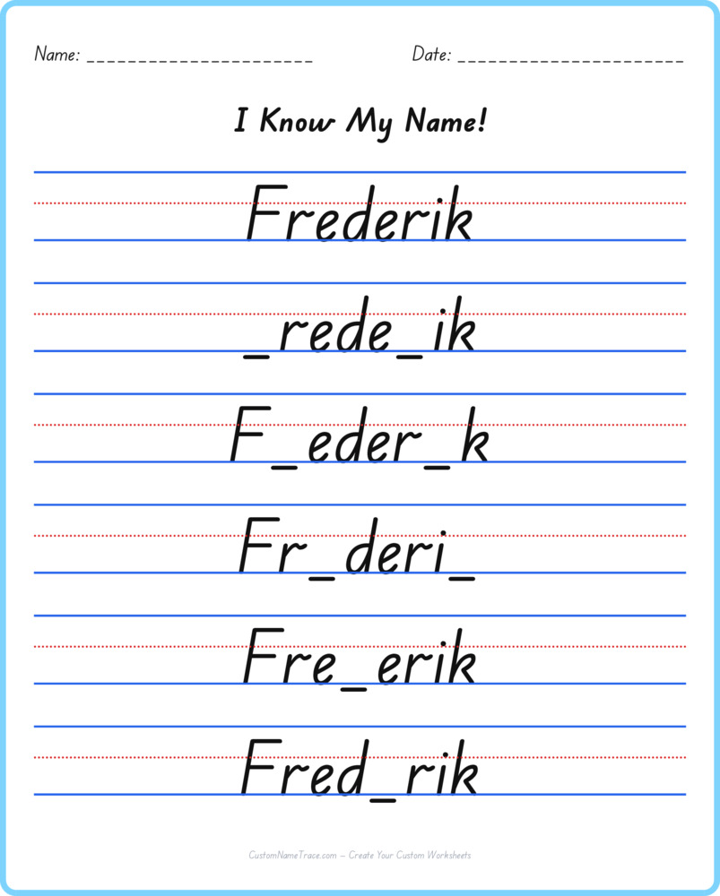 Free Frederik custom name tracing - fill-in-the-blank free worksheet