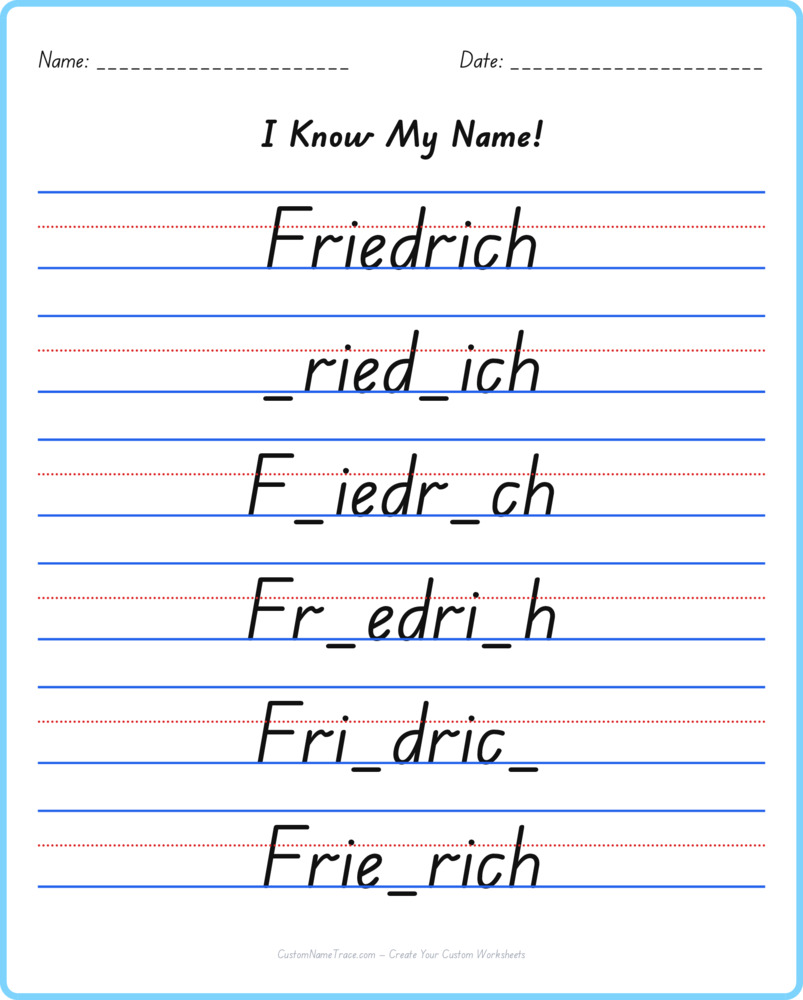 Free Friedrich custom name tracing - fill-in-the-blank free worksheet