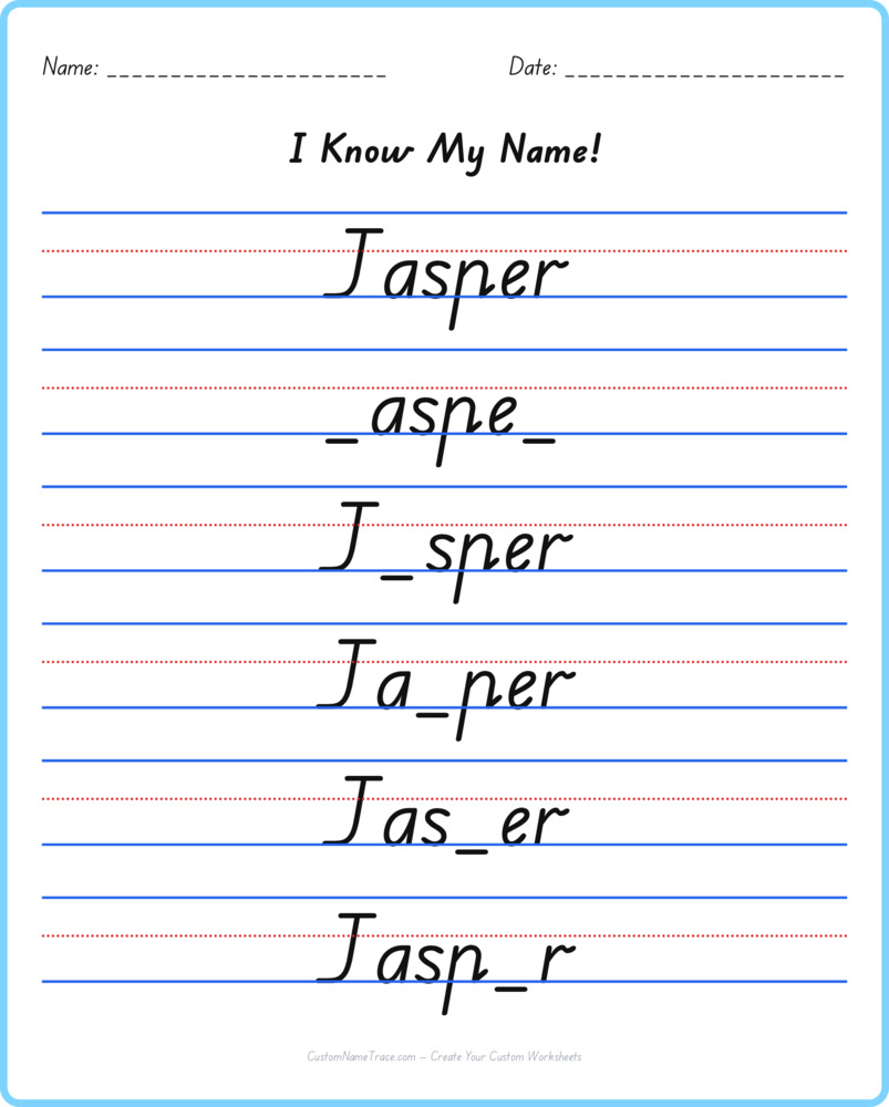 Free Jasper custom name tracing - fill-in-the-blank free worksheet