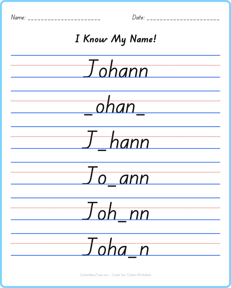 Free Johann custom name tracing - fill-in-the-blank free worksheet