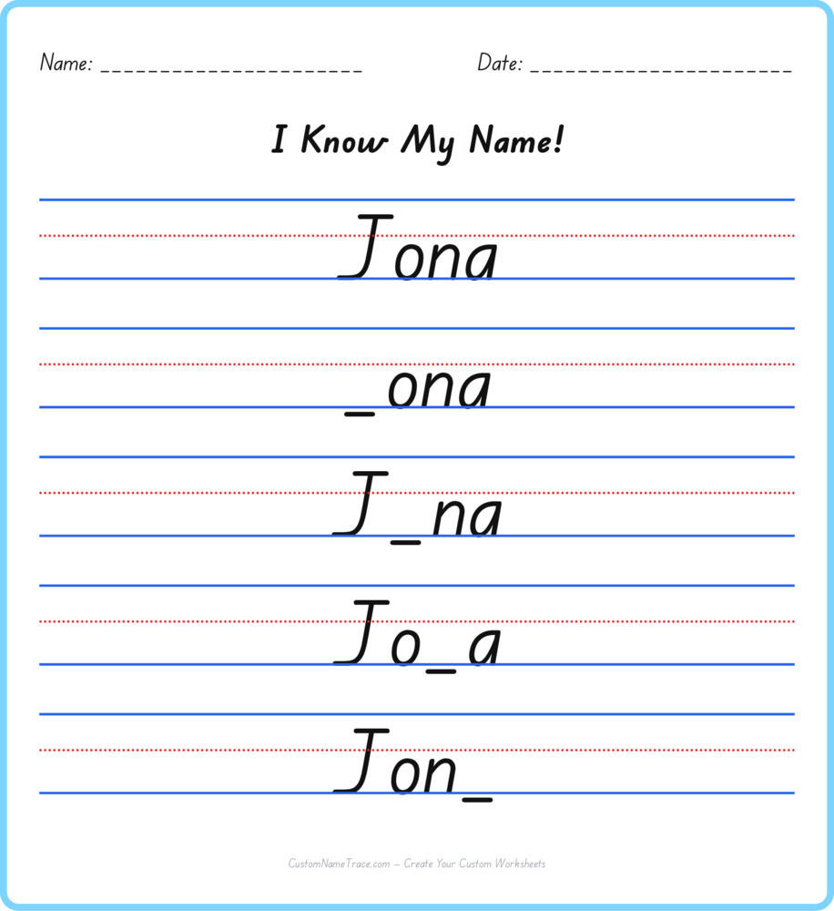 Free Jona custom name tracing - fill-in-the-blank free worksheet