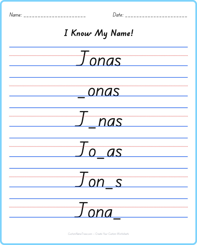 Free Jonas custom name tracing - fill-in-the-blank free worksheet