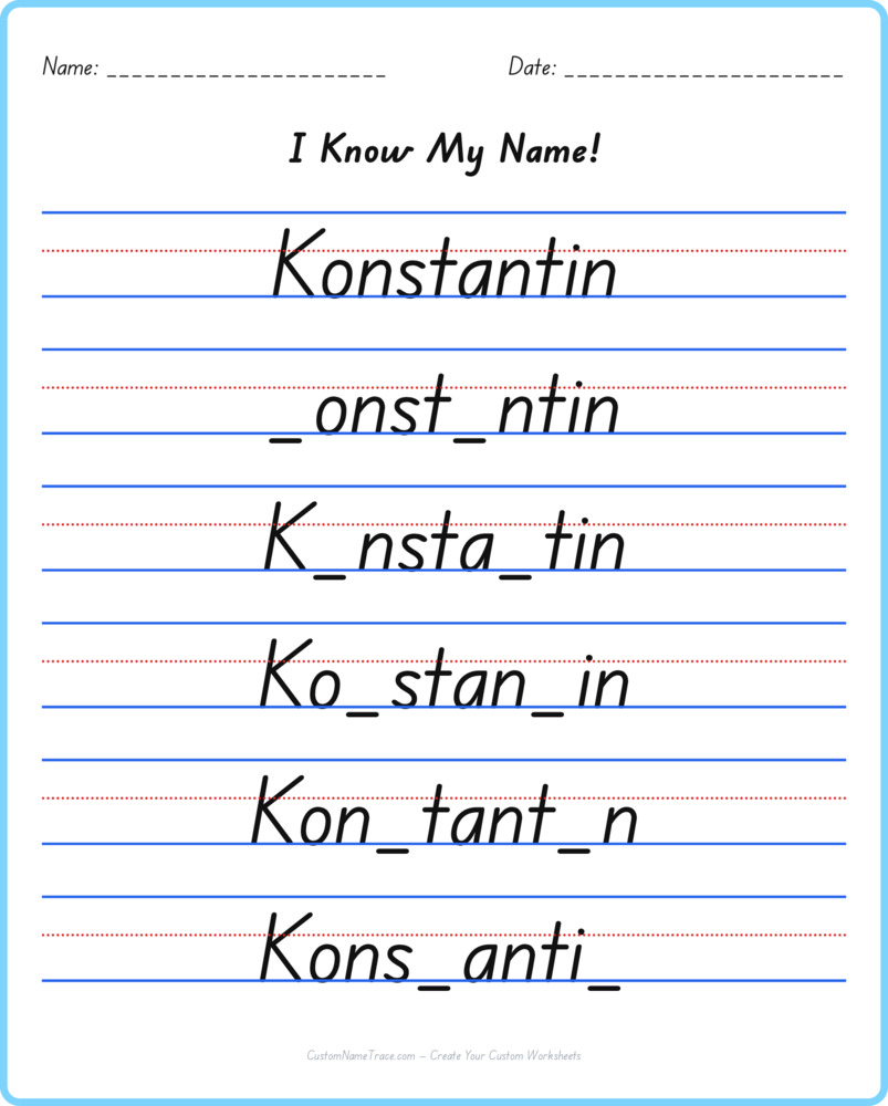 Free Konstantin custom name tracing - fill-in-the-blank free worksheet