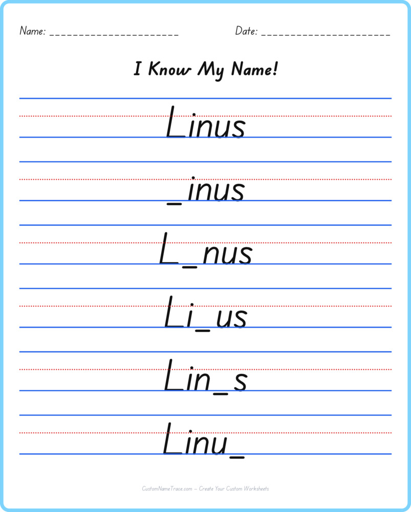 Free Linus custom name tracing - fill-in-the-blank free worksheet