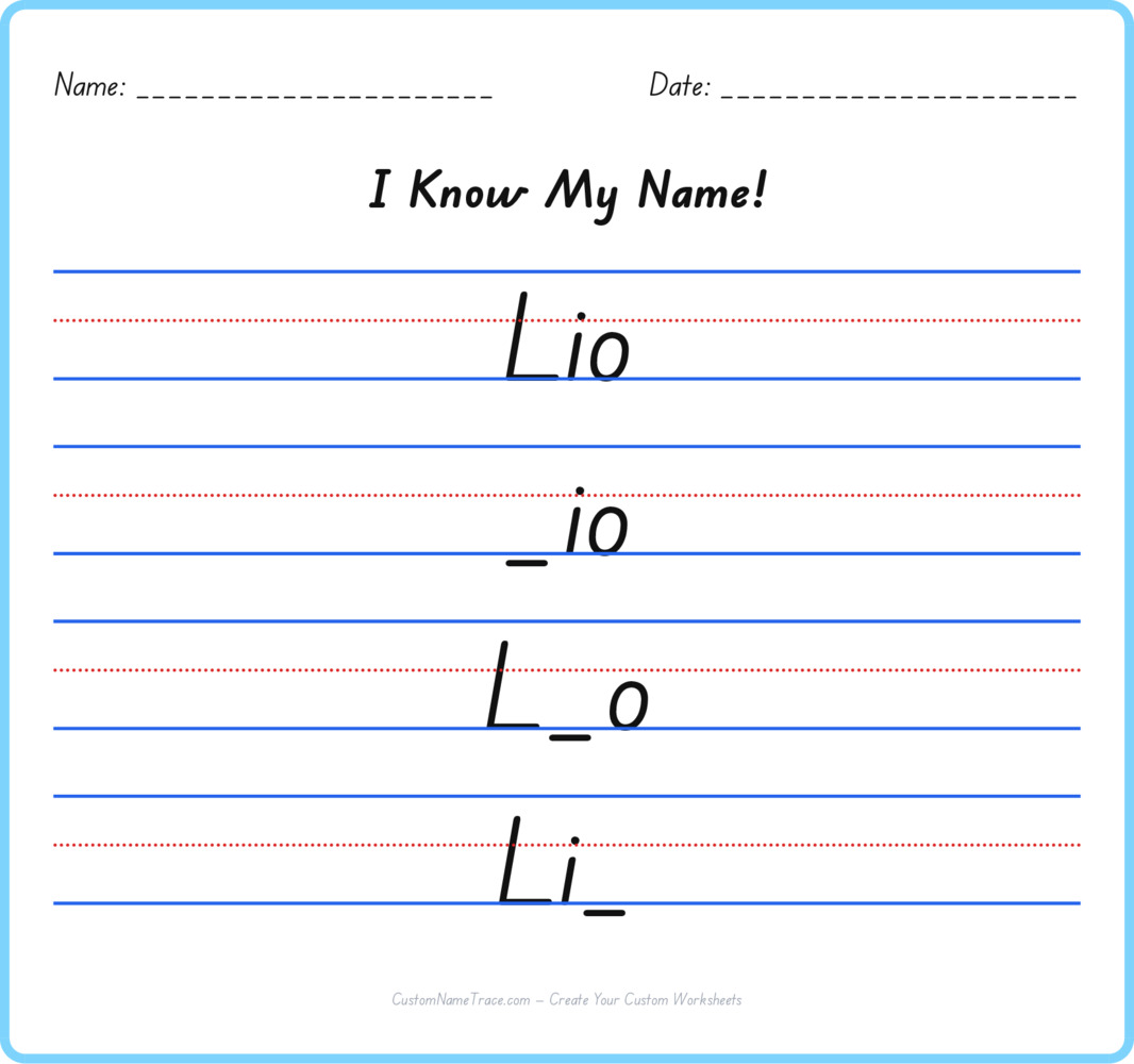 Free Lio custom name tracing - fill-in-the-blank free worksheet