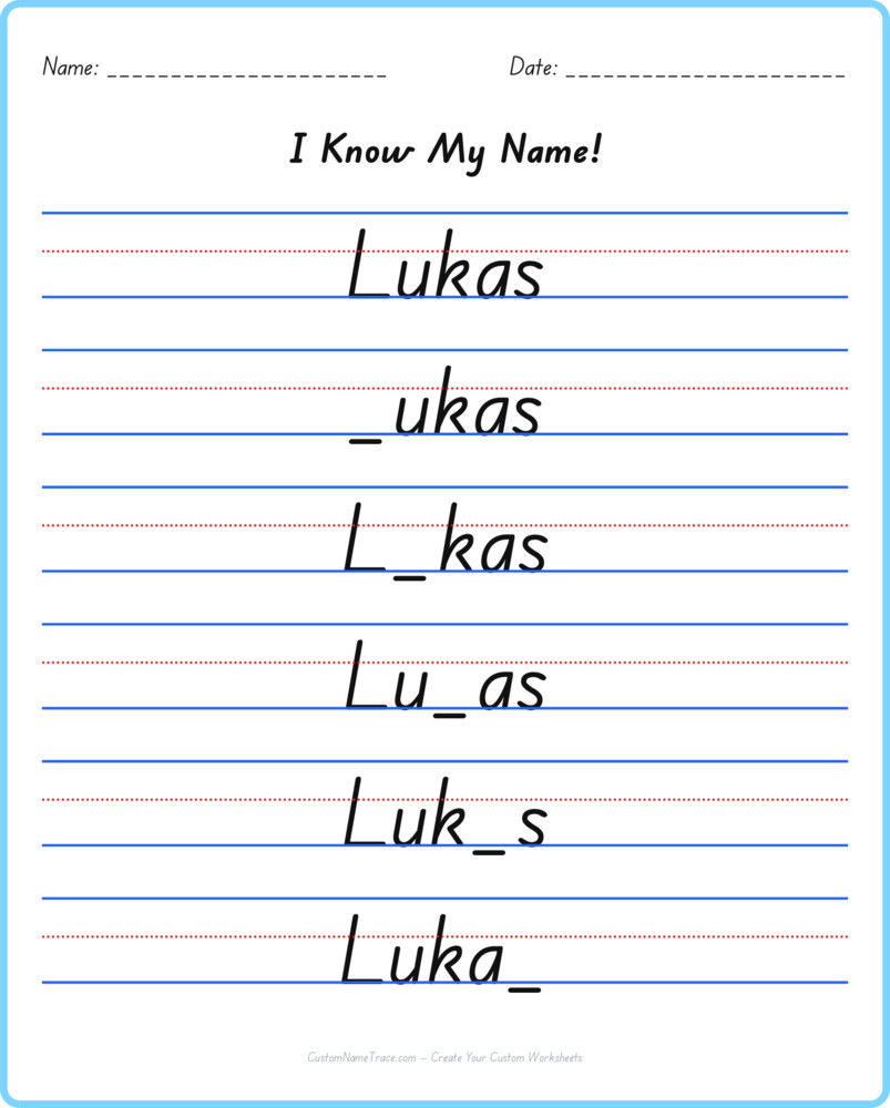 Free Lukas custom name tracing - fill-in-the-blank free worksheet