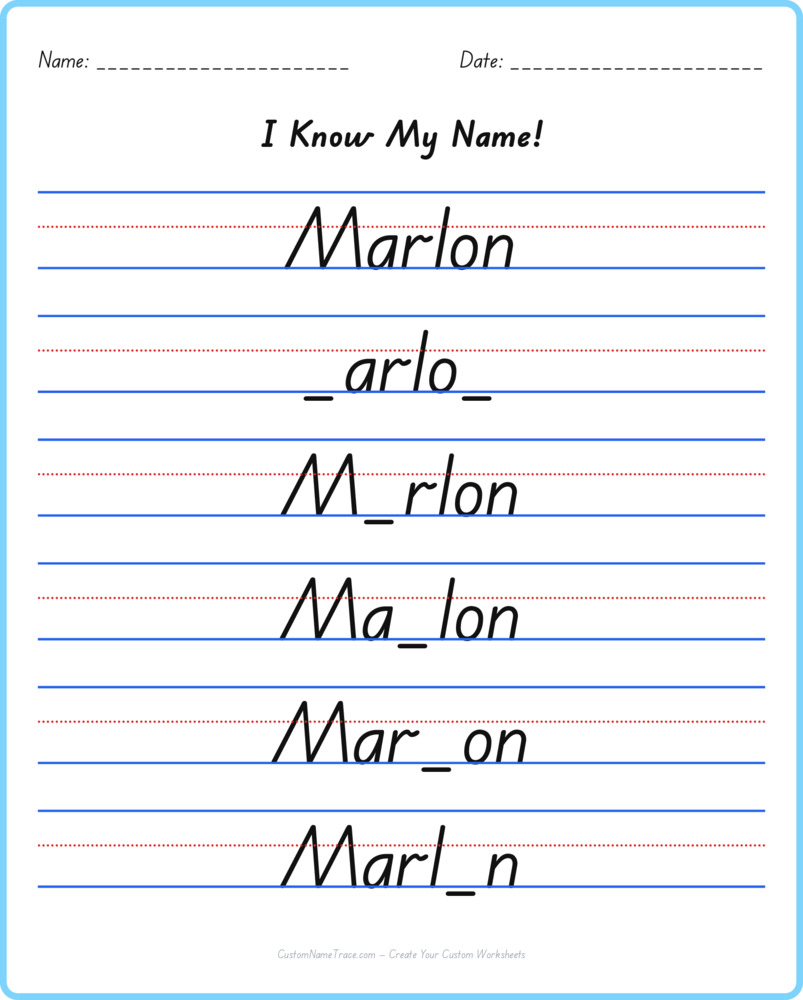 Free Marlon custom name tracing - fill-in-the-blank free worksheet