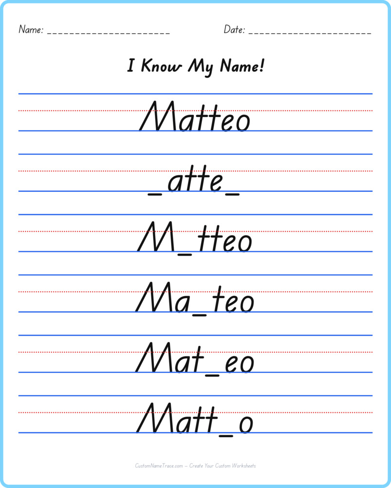 Free Matteo custom name tracing - fill-in-the-blank free worksheet