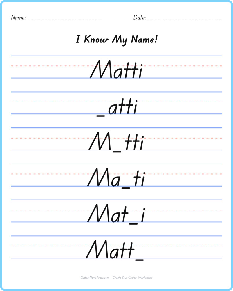 Free Matti custom name tracing - fill-in-the-blank free worksheet