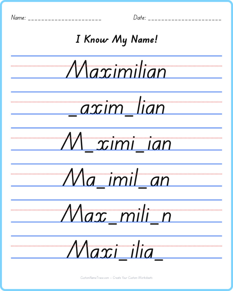 Free Maximilian custom name tracing - fill-in-the-blank free worksheet