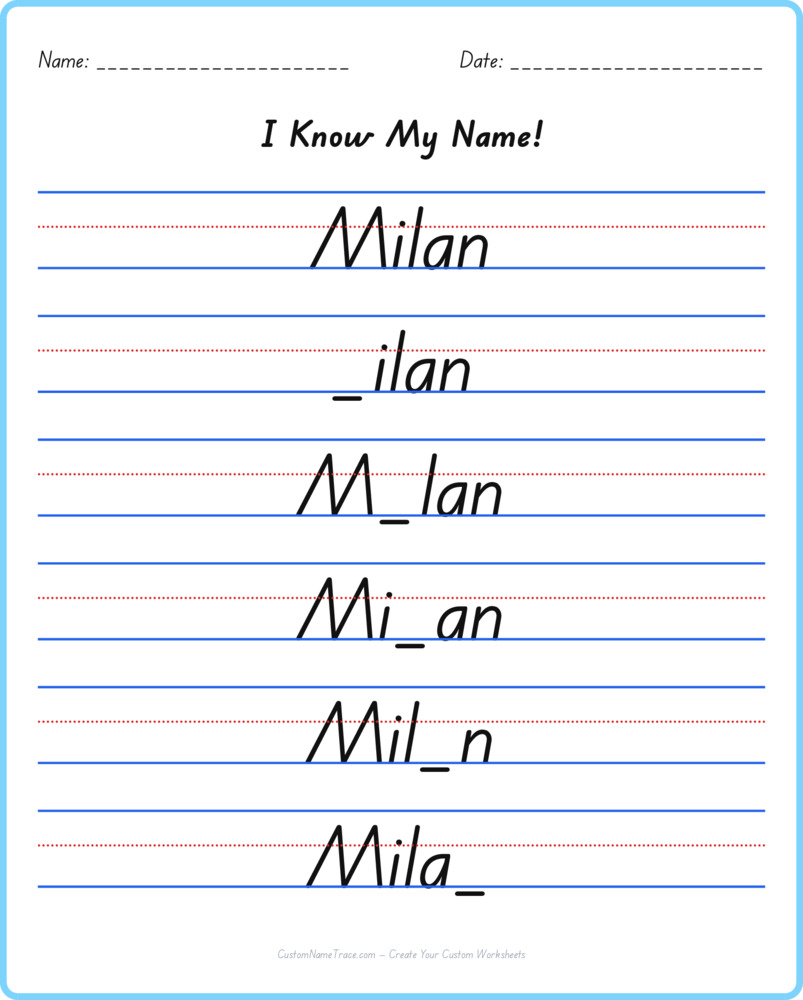 Free Milan custom name tracing - fill-in-the-blank free worksheet