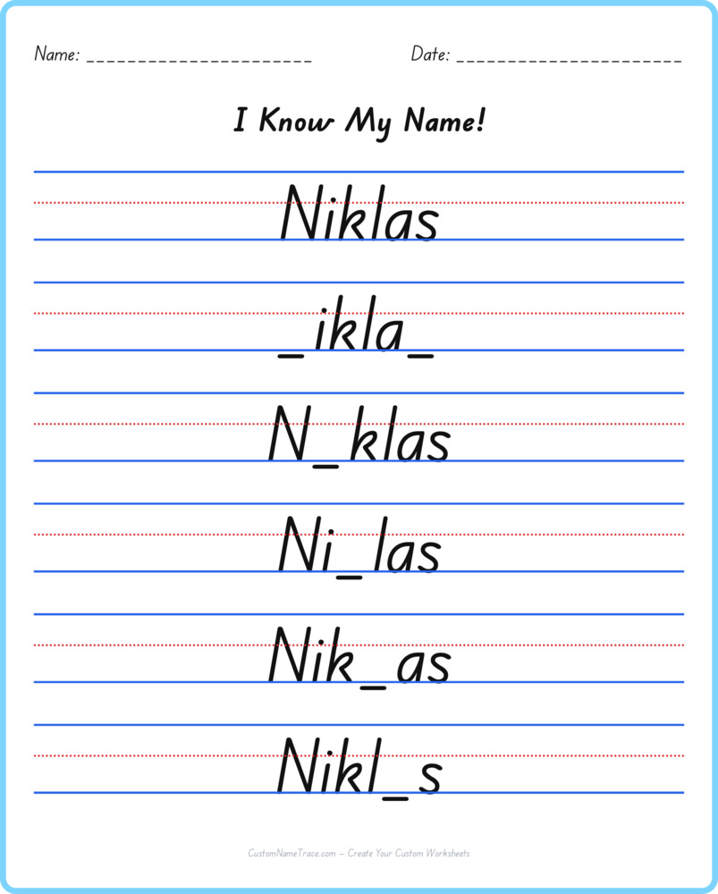 Free Niklas custom name tracing - fill-in-the-blank free worksheet