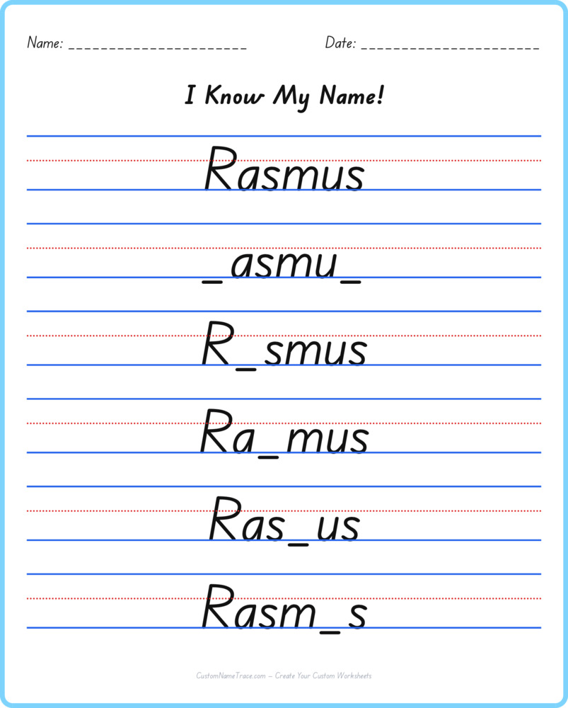 Free Rasmus custom name tracing - fill-in-the-blank free worksheet