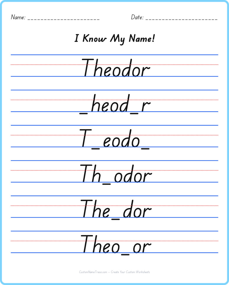 Free Theodor custom name tracing - fill-in-the-blank free worksheet