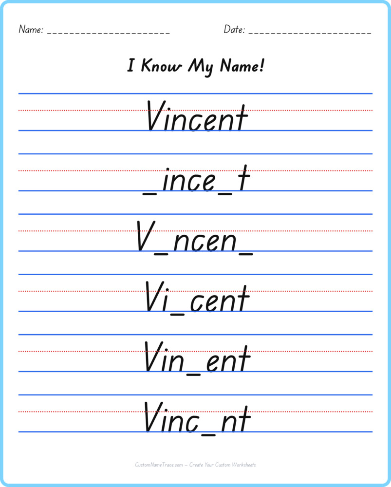 Free Vincent custom name tracing - fill-in-the-blank free worksheet