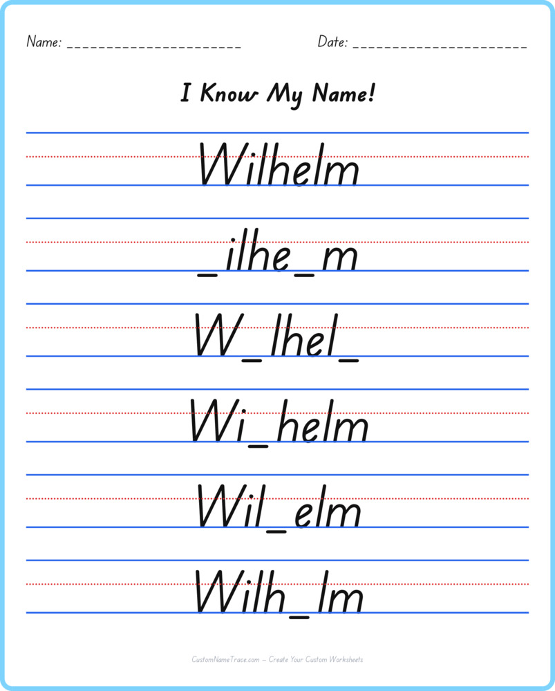 Free Wilhelm custom name tracing - fill-in-the-blank free worksheet