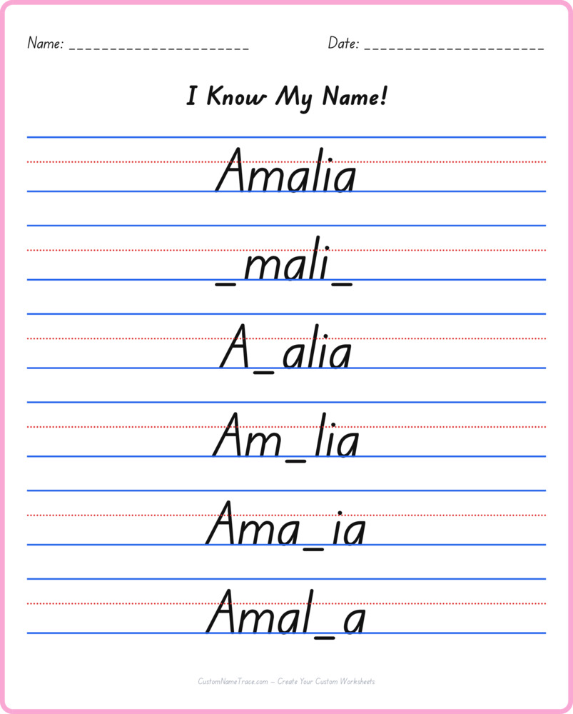 Free Amalia custom name tracing - fill-in-the-blank free worksheet