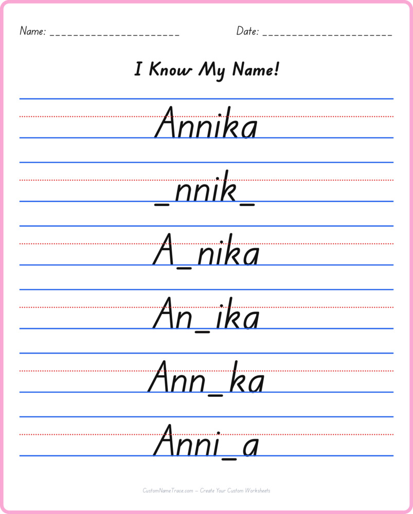 Free Annika custom name tracing - fill-in-the-blank free worksheet