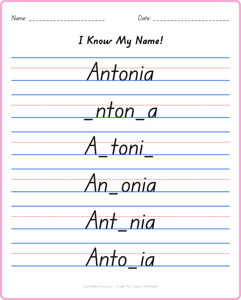 Free Antonia custom name tracing - fill-in-the-blank free worksheet