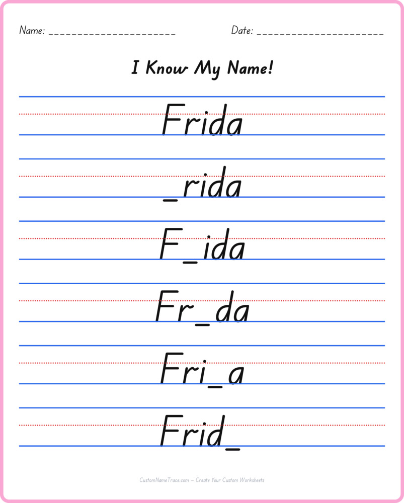 Free Frida custom name tracing - fill-in-the-blank free worksheet