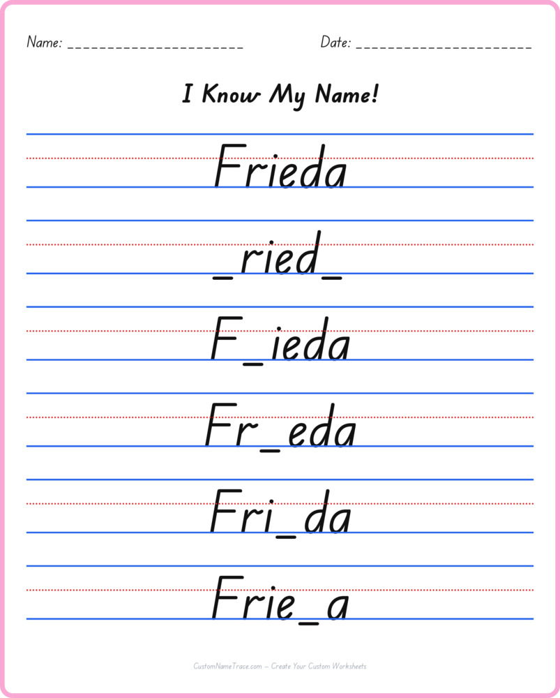 Free Frieda custom name tracing - fill-in-the-blank free worksheet