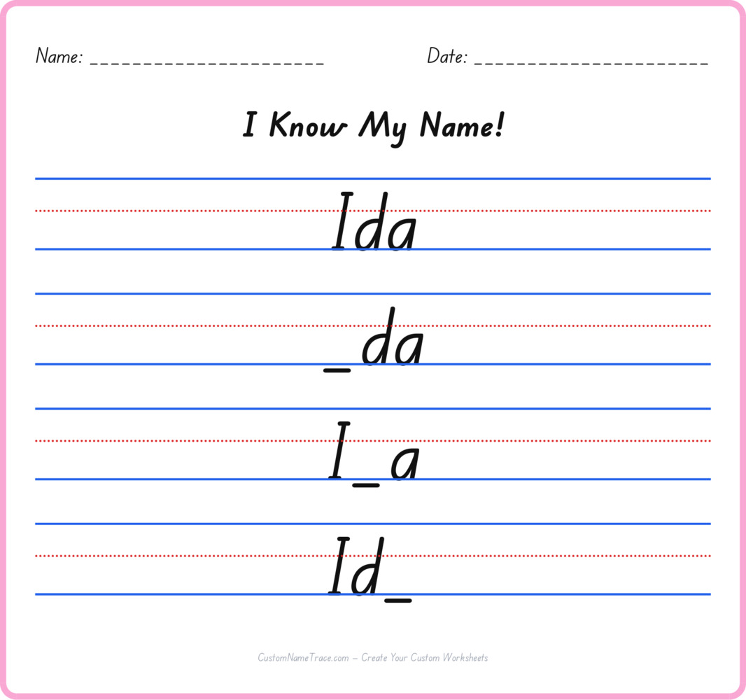 Free Ida custom name tracing - fill-in-the-blank free worksheet