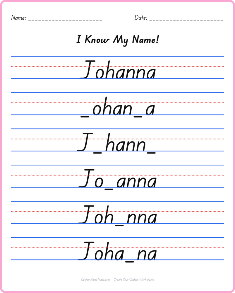 Free Johanna custom name tracing - fill-in-the-blank free worksheet