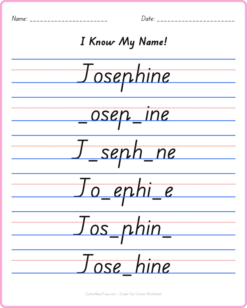 Free Josephine custom name tracing - fill-in-the-blank free worksheet