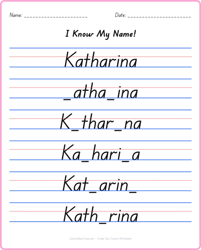 Free Katharina custom name tracing - fill-in-the-blank free worksheet