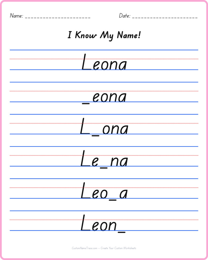 Free Leona custom name tracing - fill-in-the-blank free worksheet