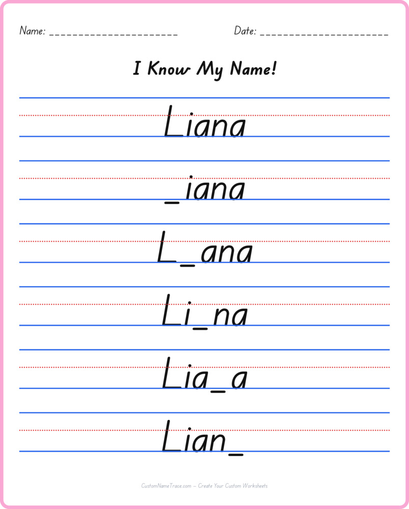 Free Liana custom name tracing - fill-in-the-blank free worksheet