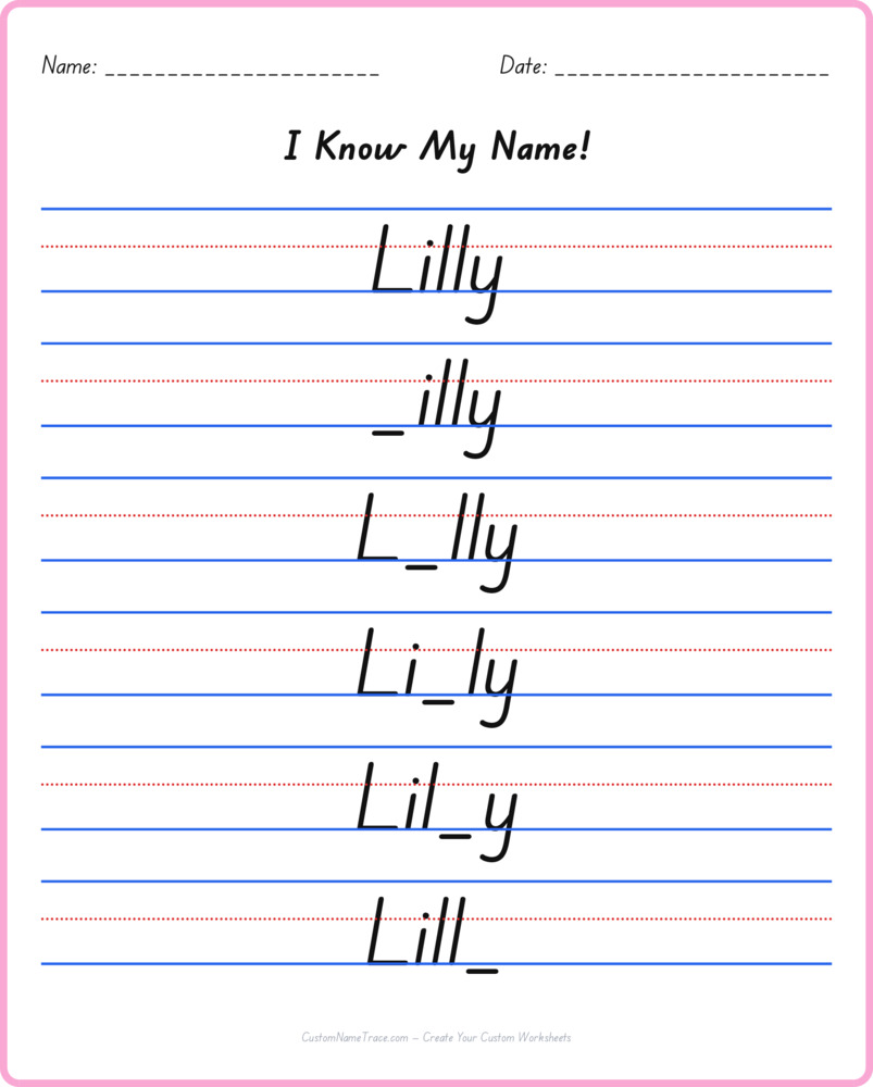 Free Lilly custom name tracing - fill-in-the-blank free worksheet