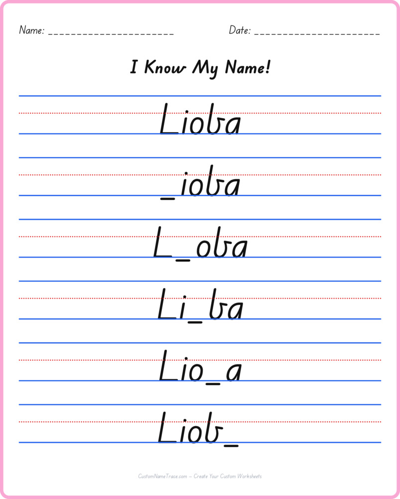 Free Lioba custom name tracing - fill-in-the-blank free worksheet