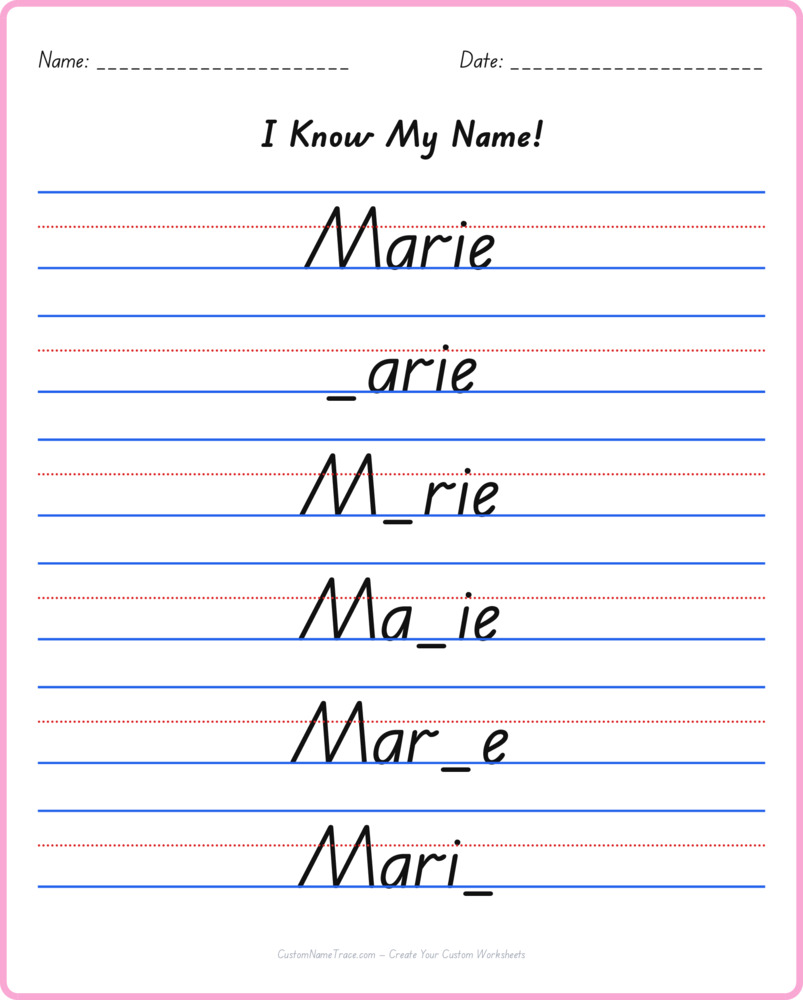 Free Marie custom name tracing - fill-in-the-blank free worksheet
