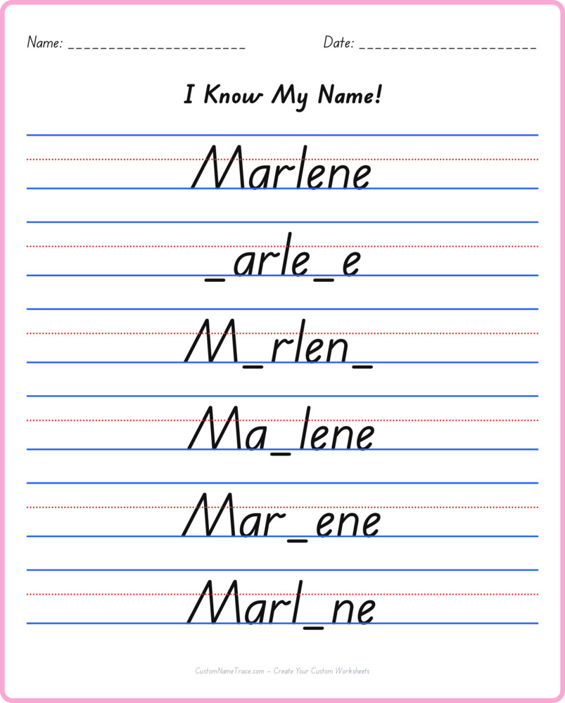 Free Marlene custom name tracing - fill-in-the-blank free worksheet