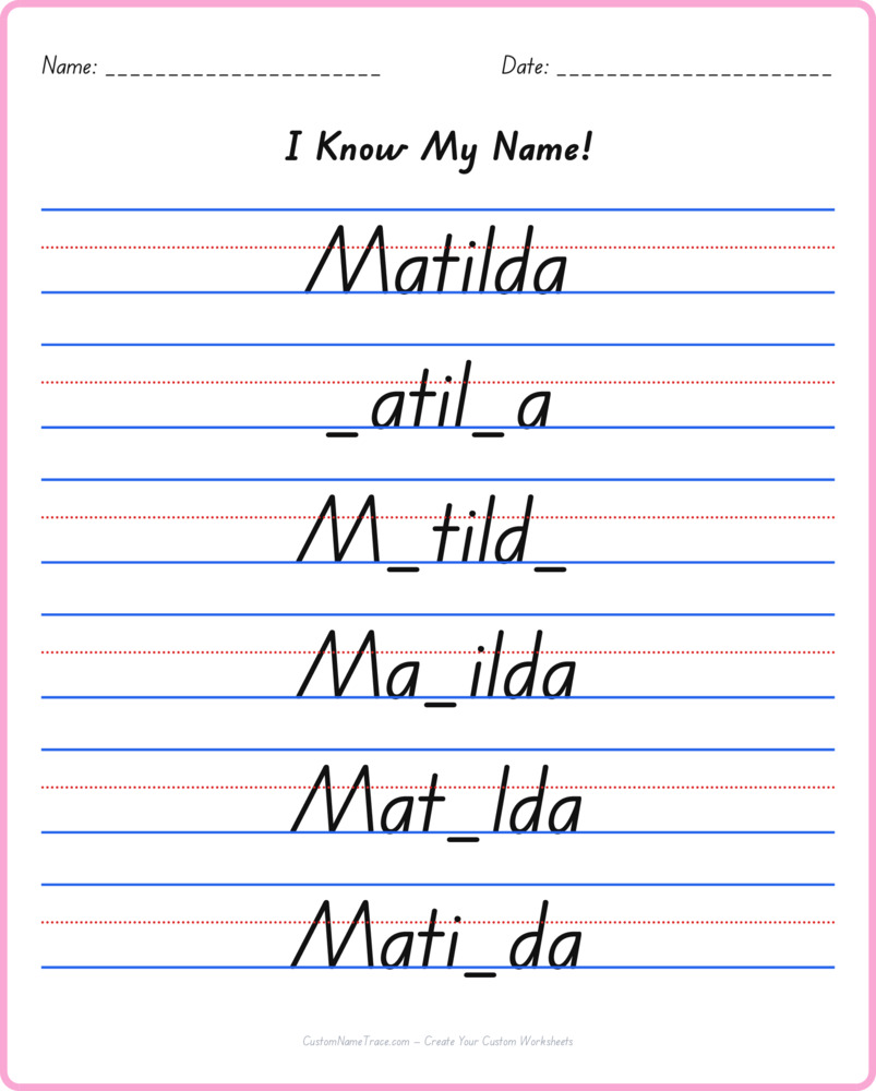 Free Matilda custom name tracing - fill-in-the-blank free worksheet