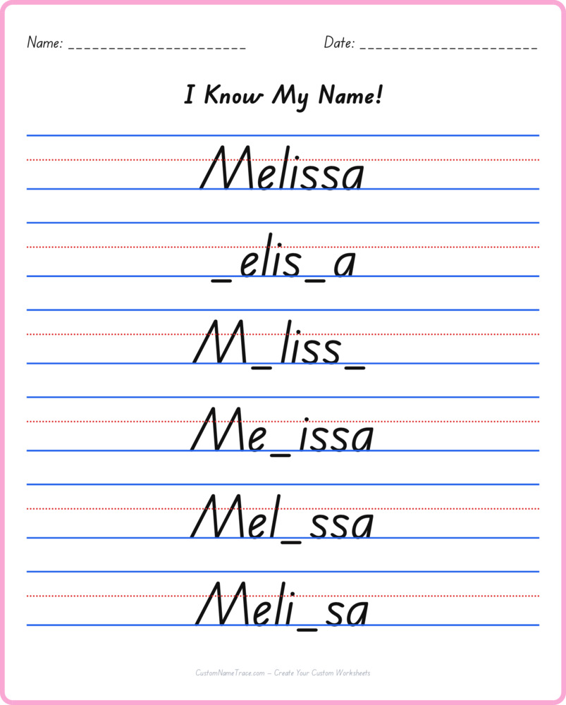 Free Melissa custom name tracing - fill-in-the-blank free worksheet