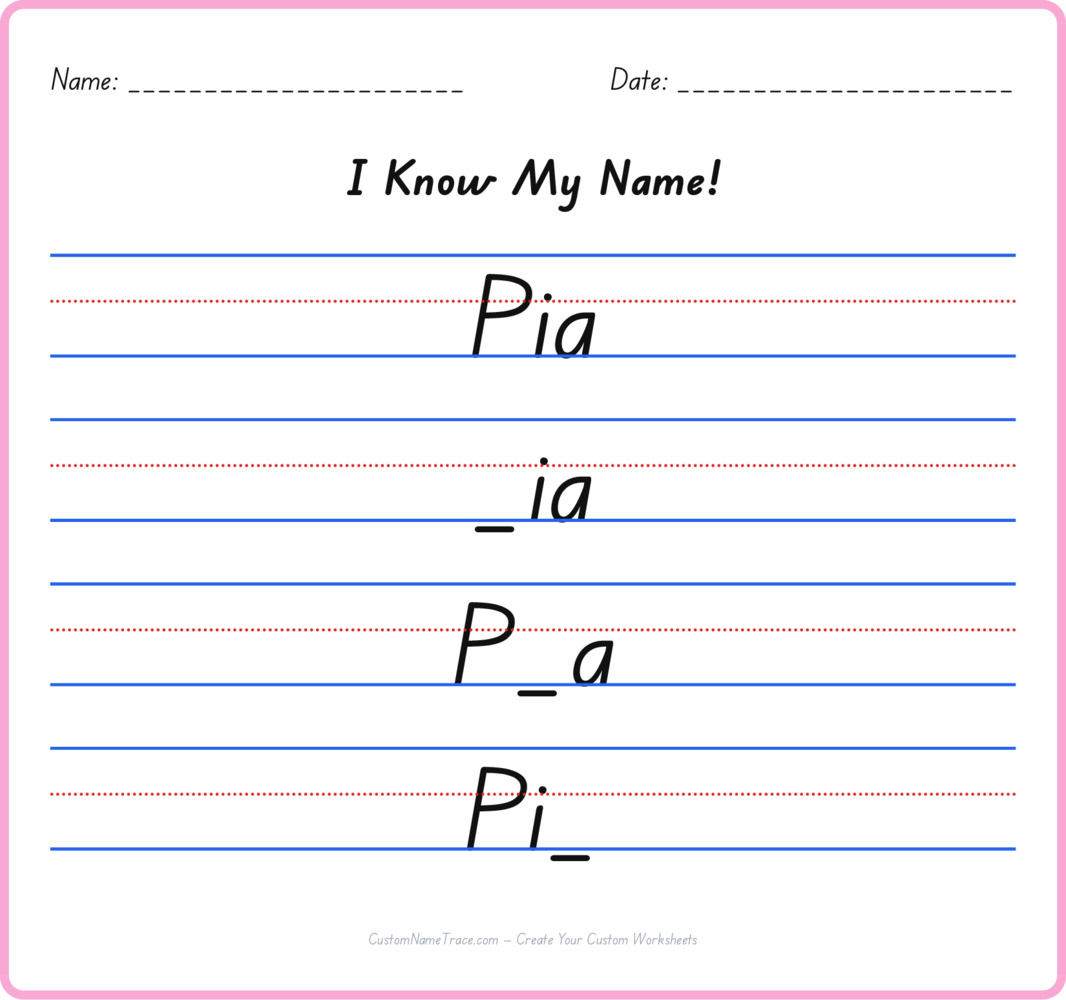 Free Pia custom name tracing - fill-in-the-blank free worksheet