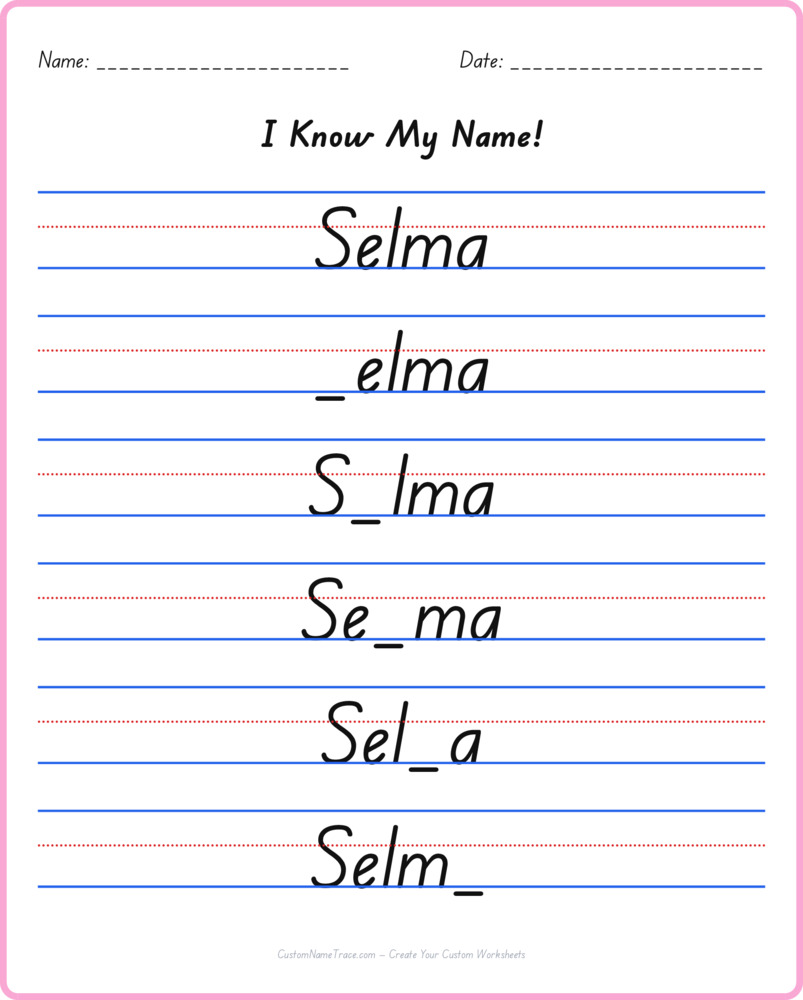 Free Selma custom name tracing - fill-in-the-blank free worksheet